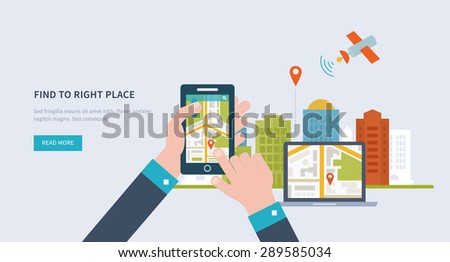 Concepts for finding the right place and people on the map for travel and tourism. Mobile gps navigation on laptop and mobile phone with map. Mobile technologies concept. Building icon.