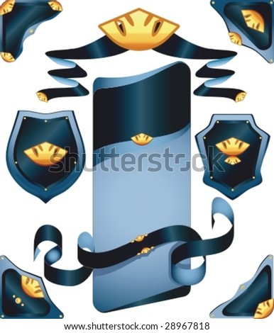 Heraldry elements Royal shield and ribbons. Deep blue