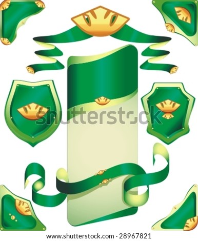 Heraldry elements Royal shield and ribbons. Green gold