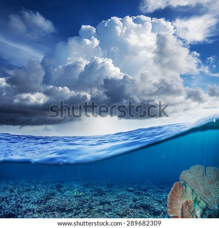 Beautiful clouds over waterline. Indian ocean underwater world with shore corals discovered.