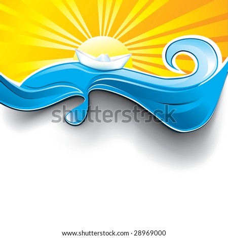 water design with paper boat in sunset