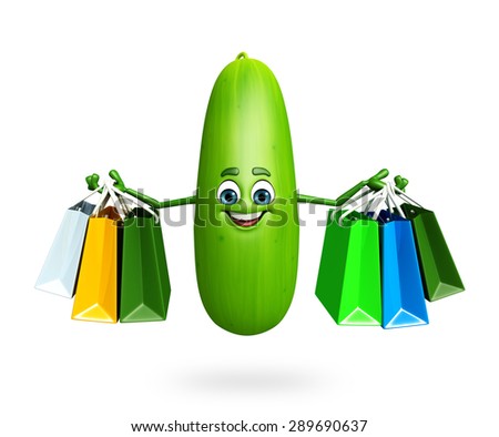 3d rendered illustration of cucumber cartoon character with shopping bags