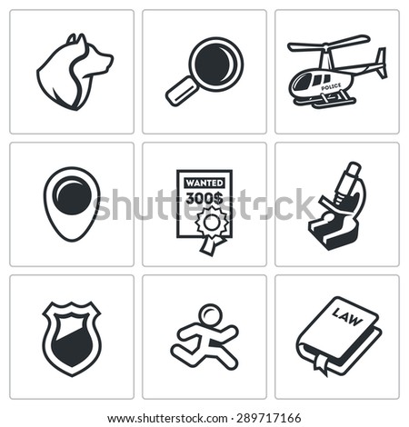 Search, prosecution escaped convict icons set.
Isolated Flat Icons collection on a white background for design