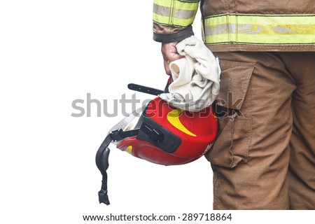 Close up firefighter holding red safety helmet isolated on white background