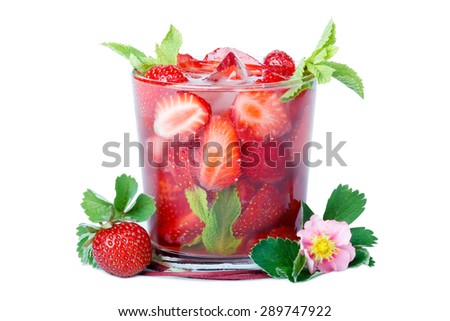 Refreshing glass of strawberry with mint and ice isolated on white background.