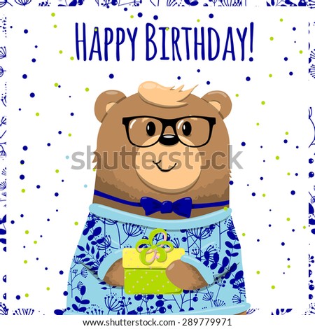  Cute Happy birthday card with  vector illustration.
