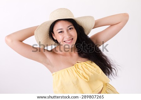 carefree, relaxed, happy woman in summer dress