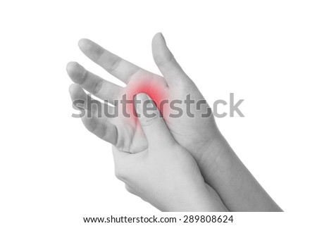 Pain in  the palm. Care of female hands isolated on white background.