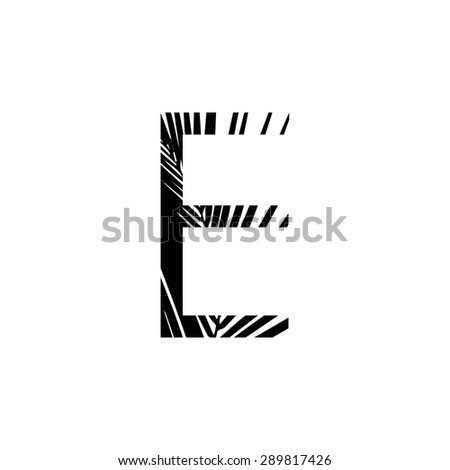 Letter E double exposure with black palm leaf  isolated. Vector illustration.Black and white double exposure silhouette letters combined with photograph of nature. 
