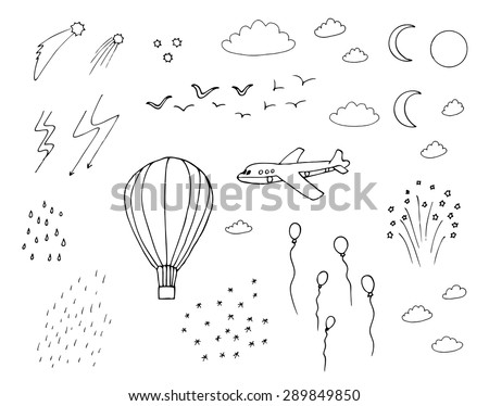 Hot air balloon, plane, moon, sun, stars, clouds, rain, snow, birds, fireworks in the sky doodle clip art