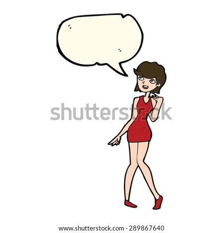 cartoon woman in cocktail dress with speech bubble
