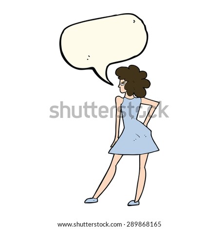 cartoon woman posing in dress with speech bubble