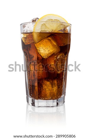 glass of coke (Cola) with ice cubes and lemon slice isolated on white background Royalty-Free Stock Photo #289905806