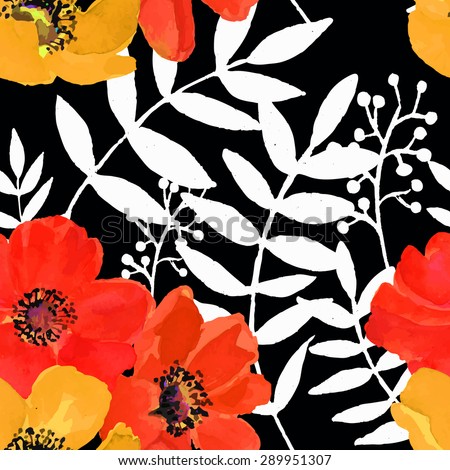 Abstract seamless watercolor hand painted background. Red and yellow flowers and white leaves on the black background. Vector illustration.
