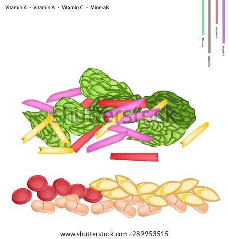 Healthcare Concept, Illustration of Fresh Rainbow Swiss Chard with Vitamin K, Vitamin A, Vitamin C and Minerals Tablet, Essential Nutrient for Life.
