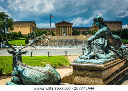 Statues at Eakins Oval and the Museum of Art in Philadelphia, Pennsylvania.
