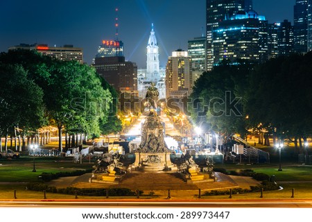 View of Eakins Oval and Center City at night, in Philadelphia, Pennsylvania.