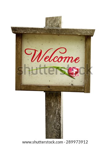 Wooden welcome sign with tulip