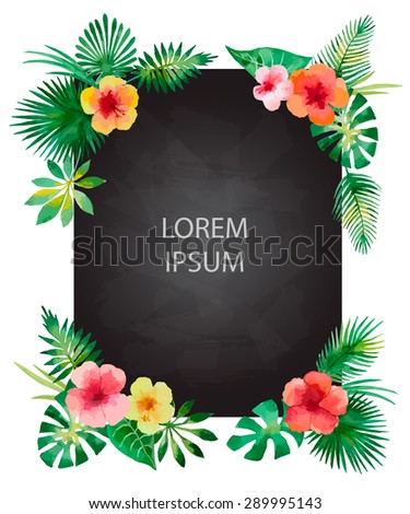 Chalk Board with watercolor flowers and leaves. Template for your design, vector illustration.