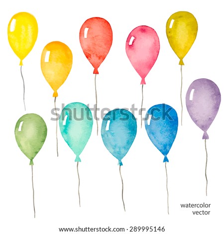 Set of colorful balloons inflatable, watercolor, vector illustration.