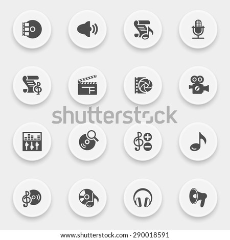 Audio video icons with buttons on gray background.