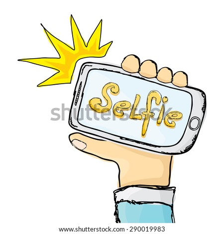 Taking Selfie Photo on Smart Phone concept. vector doodle style illustration
