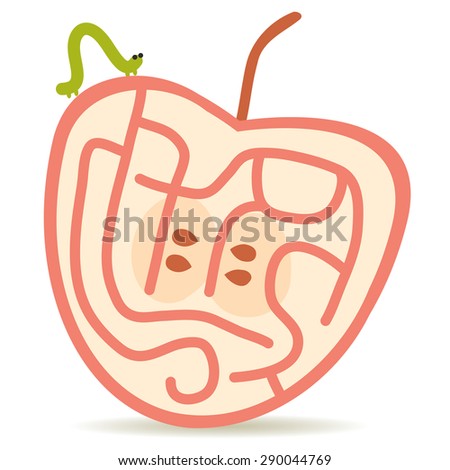 Green caterpillar and pink apple on white background  labyrinth game for Preschool Children. Vector