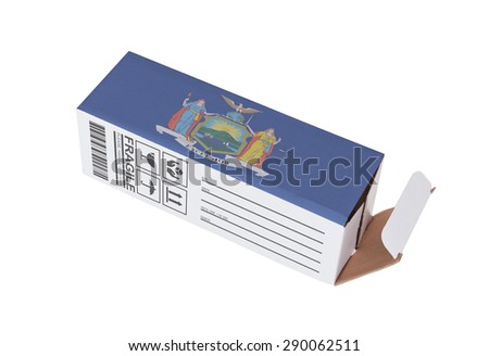 Concept of export, opened paper box - Product of New York