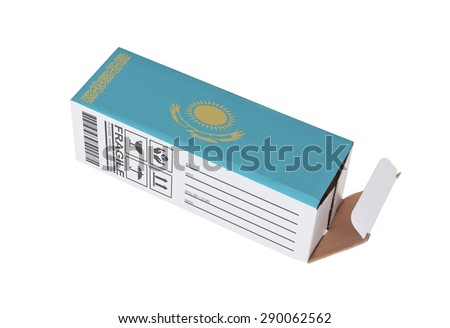 Concept of export, opened paper box - Product of Kazakhstan