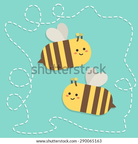 Two Cute Bees Flying with Dotted Line Pathway in Blue Background