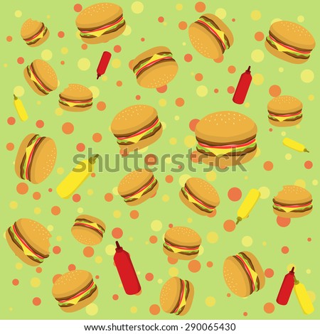 Seamless pattern vector illustration of Burger with tomato sauce and mustard in dotted green background