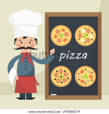 Funny cartoon chef cook with menu pizza. Flat vector illustration. 