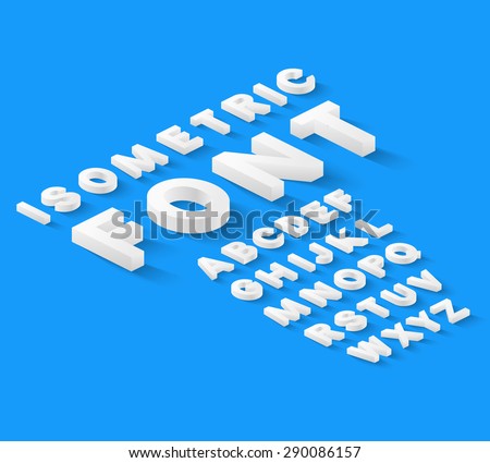 White isometric font alphabet with drop shadow on blue background. Vector illustration