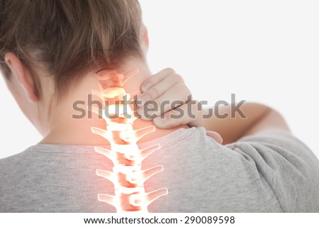 Digital composite of Highlighted spine of woman with neck pain Royalty-Free Stock Photo #290089598