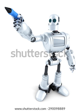 Robot writing on invisible screen. Isolated on white. Contains clipping path