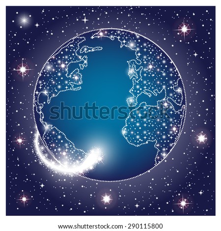 Earth planet in dark space with glowing sparkle stars. Vector illustration