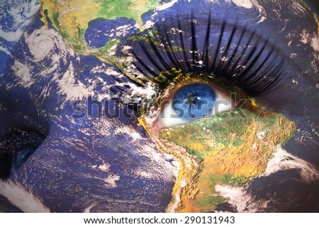 womans face with planet Earth texture and somalia flag inside the eye. Elements of this image furnished by NASA.