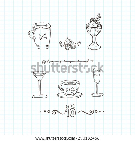 Set of vector cups, mugs and glasses with a handful of figs. Doodle