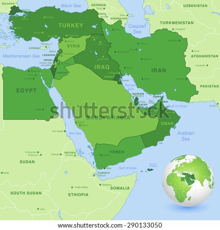 High detail map of the Middle East Zone, with a 3D Globe centered on Middle East. Royalty-Free Stock Photo #290133050