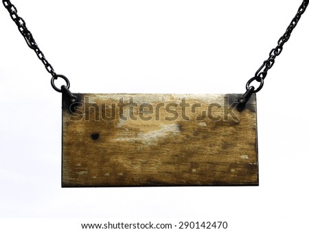 Real empty wooden board on chains,white isolated
