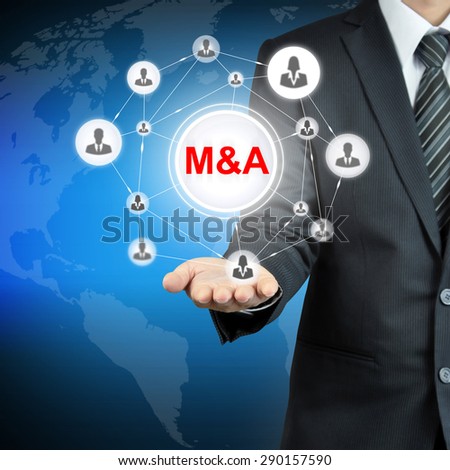 M&A (Merger & acquisition) sign on businessman hand with people icon linked as network