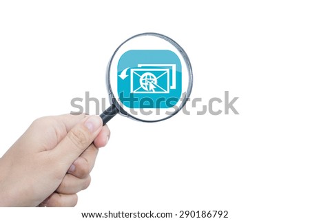 Hand Showing icon for messages Through Magnifying Glass 