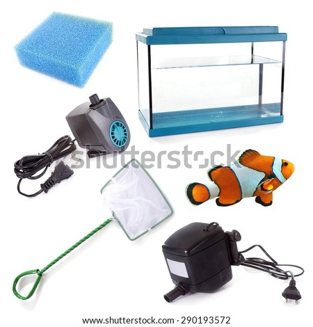 aquarium equipment in front of white background