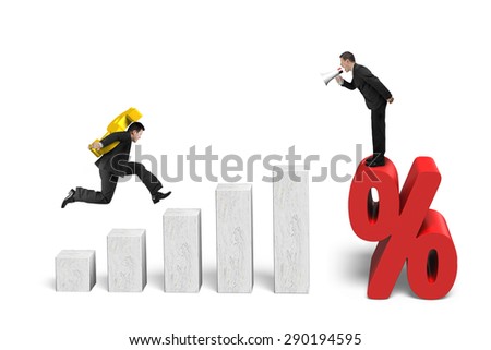 One businessman using speaker shouting on percentage mark, another carrying dollar sign jumping on 3D growing bar graphs, isolated on white.