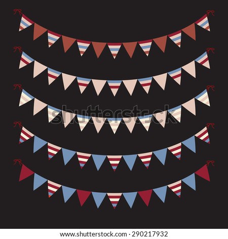 Garlands of festive flags bright triangular shape isolated on black background. Holiday Clip Art.