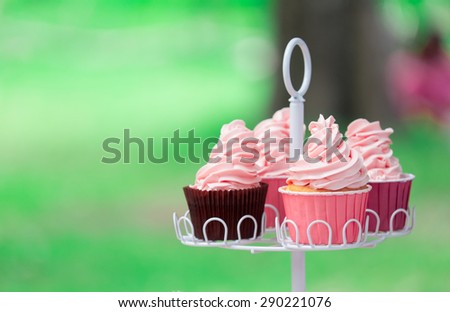 vanilla cup cake in the public garden and attend to focus the cup which in front of three remains