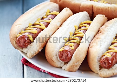 Plate of freshly grilled hotdogs with mustard. Extreme shallow depth of field.
