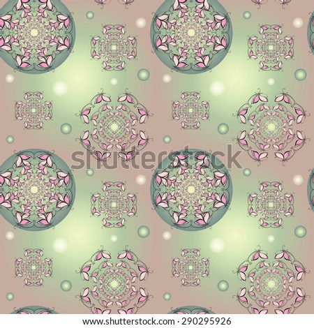 Vector seamless texture with patterns of pink butterflies and green circles on purple background