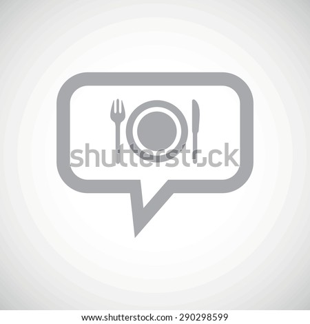 Grey image of fork, knife and plate in chat bubble, on white gradient background