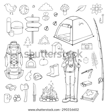 Hand drawn Tourist, hiking, camping set of items, black and white vector illustration